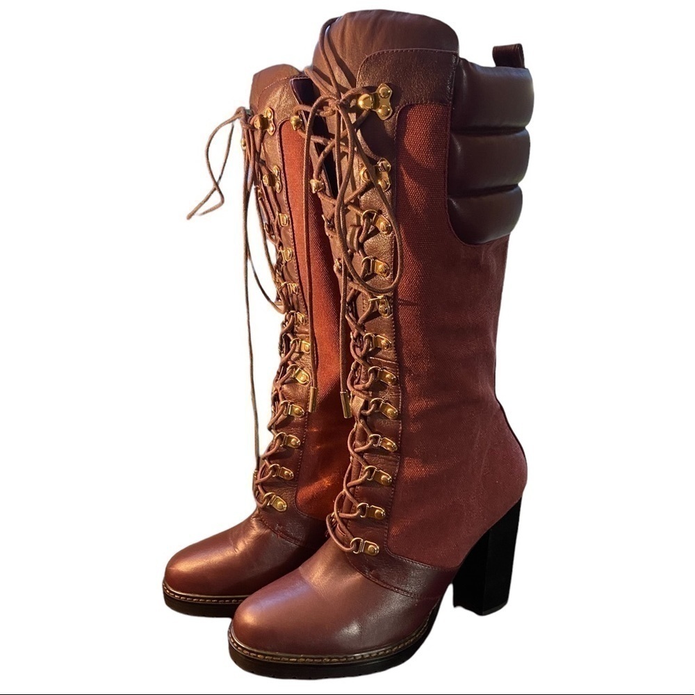 Jennifer Le burgundy leather & canvas lace-up heeled boots